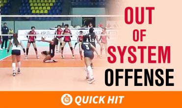 Out of system offense graphic is written across the picture. a setter is hustling to a ball close to the net and hitters are still getting ready to hit