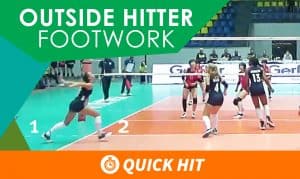 "Outside hitter footwork" is displayed across the top of the image. An outside hitter practices good footwork as she takes an approach to a ball that is out of frame while her teammates get ready to cover.