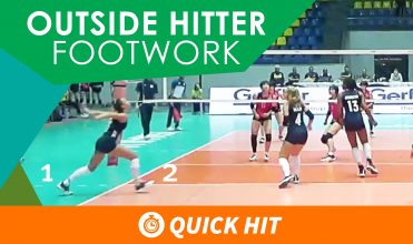 "Outside hitter footwork" is displayed across the top of the image. An outside hitter practices good footwork as she takes an approach to a ball that is out of frame while her teammates get ready to cover.