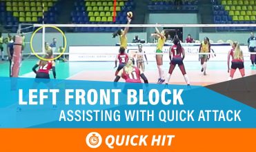 Left front block assisting with a quick attack from the opposing middle by stepping into the court and blocking with the middle on her team.