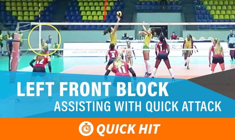 Left front block assisting with a quick attack from the opposing middle by stepping into the court and blocking with the middle on her team.
