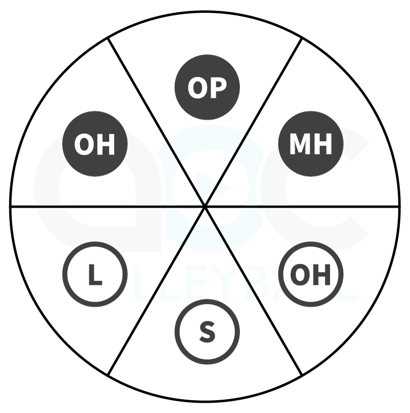 Rotation wheel for Rotation 2 and Rotation 5 in a 6-2 volleyball offense