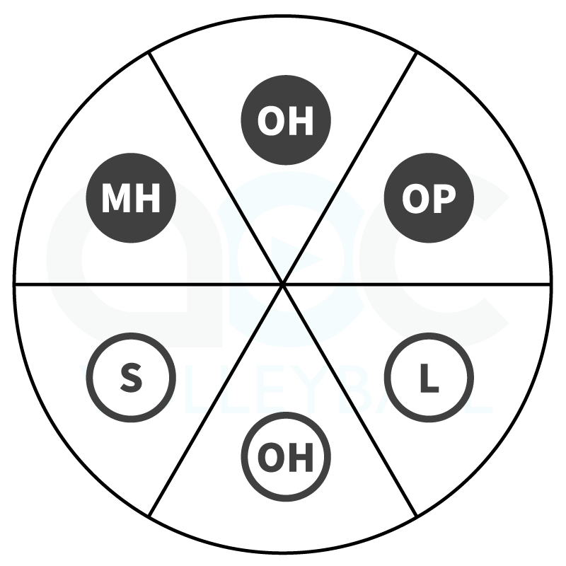 Rotation wheel for Rotation 3 and Rotation 6 in a 6-2 volleyball offense